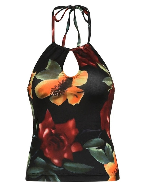 FLORAL HALTER TOP CAMI WITH FLORAL PATTERN DESIGN