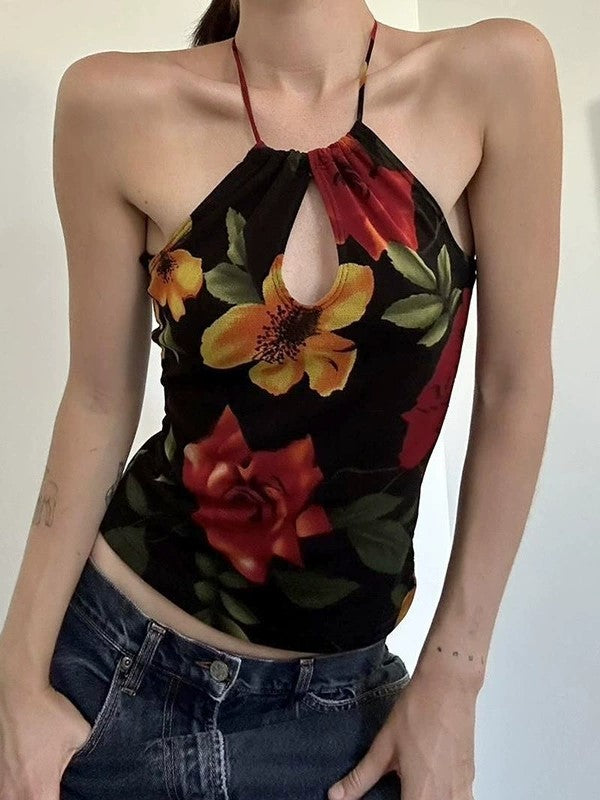FLORAL HALTER TOP CAMI WITH FLORAL PATTERN DESIGN