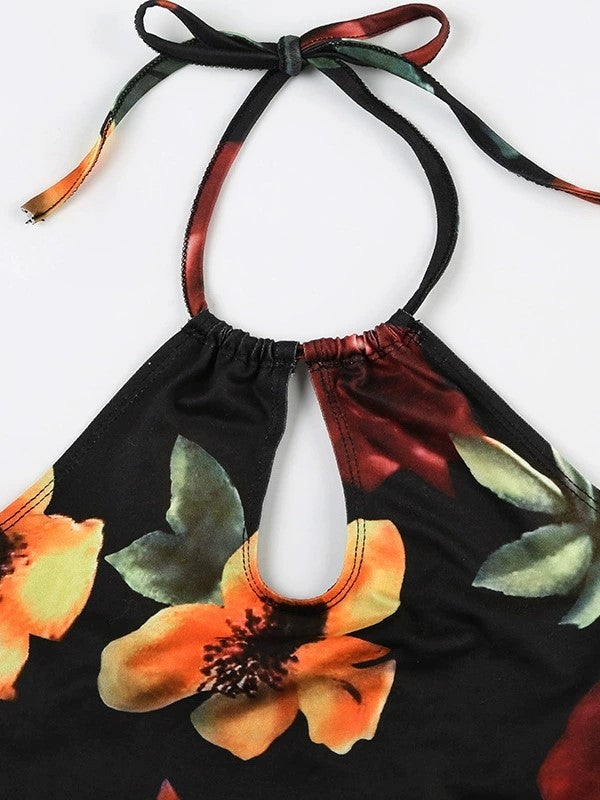 FLORAL HALTER TOP CAMI WITH FLORAL PATTERN DESIGN