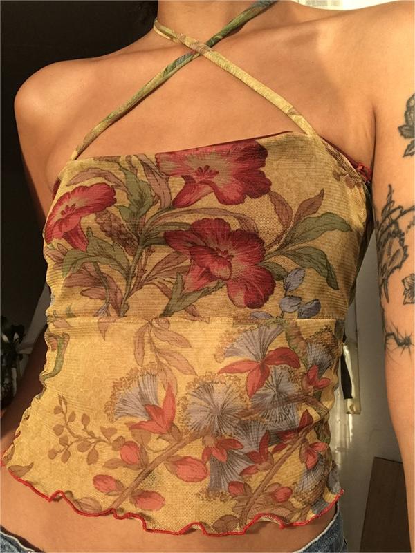 FLORAL HALTER TOP - FLORAL PRINT SLIM FIT HALTER NECK DESIGN