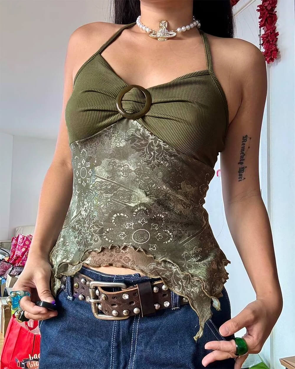 FLORAL HALTER TOP STATEMENT RING INDIE AESTHETIC LACE