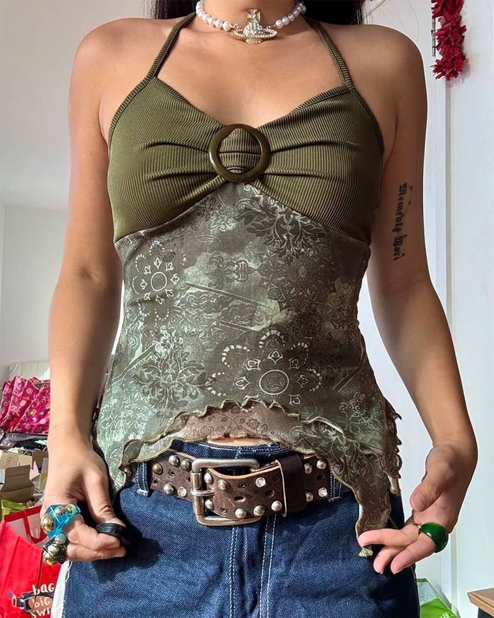 FLORAL HALTER TOP STATEMENT RING INDIE AESTHETIC LACE