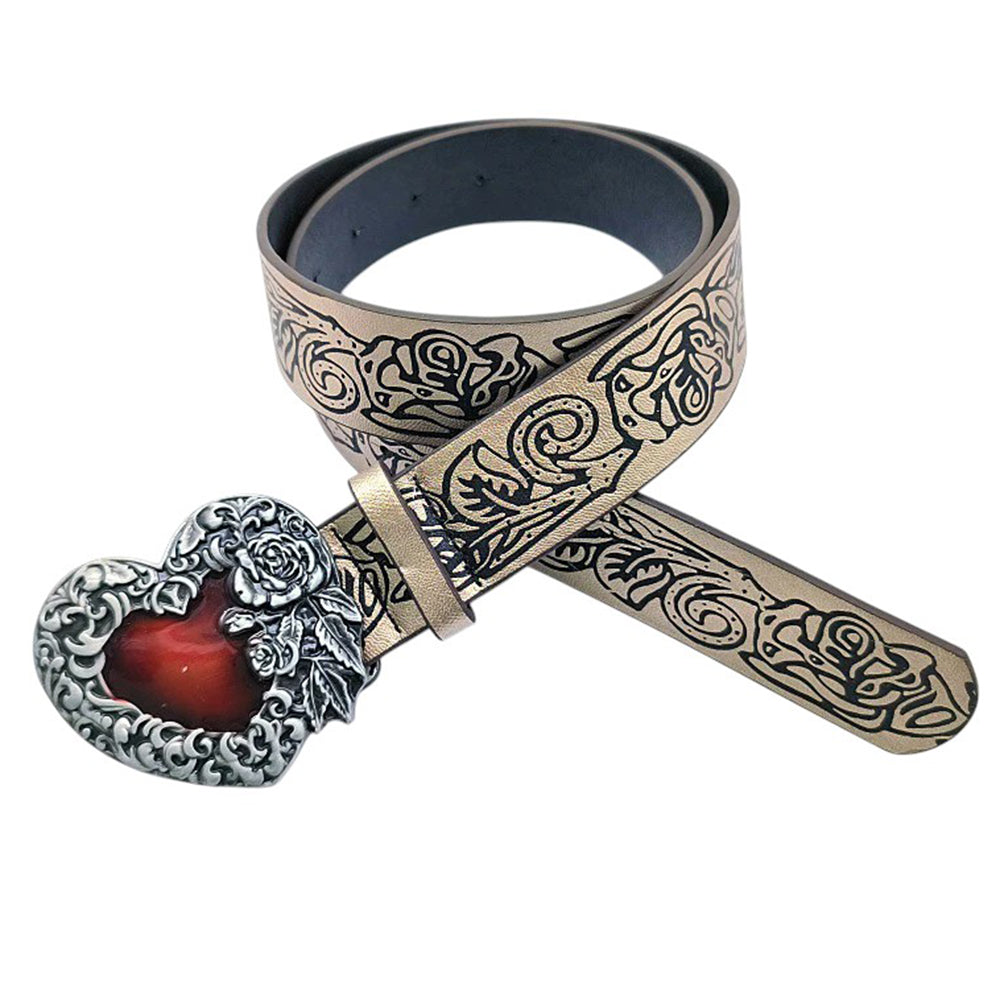 FLORAL HEART BELT WITH RED STONE METAL BUCKLE