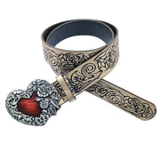 FLORAL HEART BELT WITH RED STONE METAL BUCKLE
