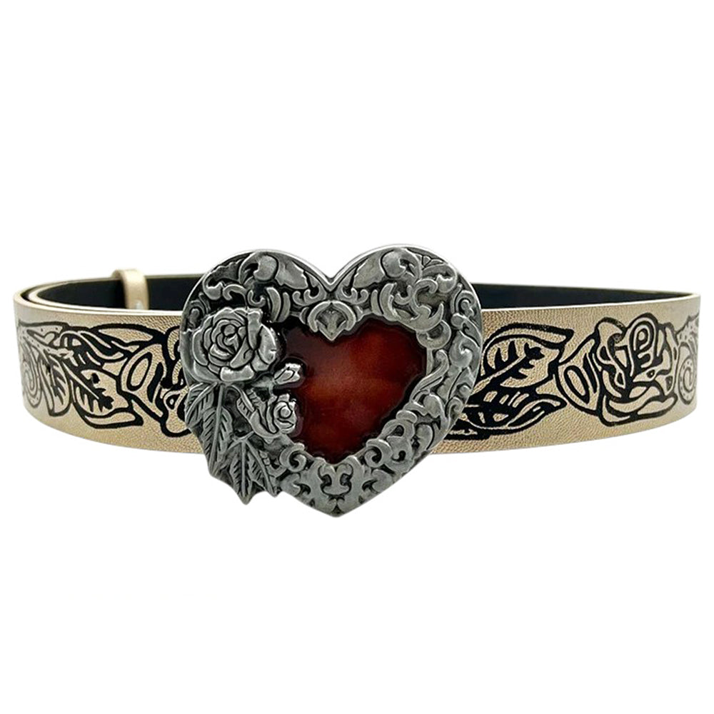 FLORAL HEART BELT WITH RED STONE METAL BUCKLE