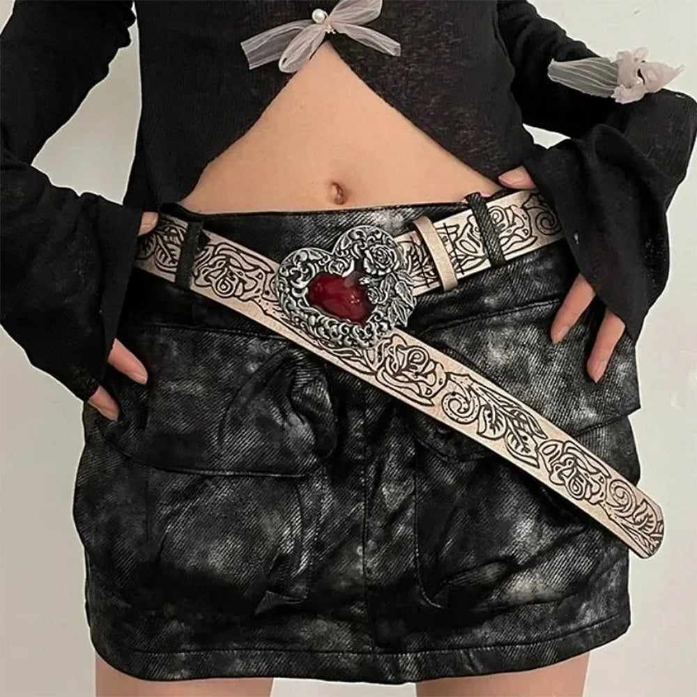 FLORAL HEART BELT WITH RED STONE METAL BUCKLE