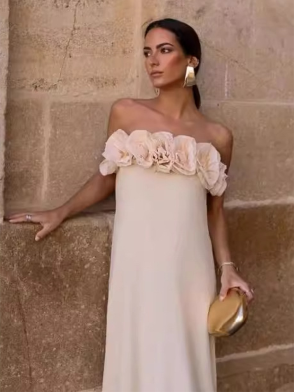 Floral knitted long tube dress - Cracker khaki / S