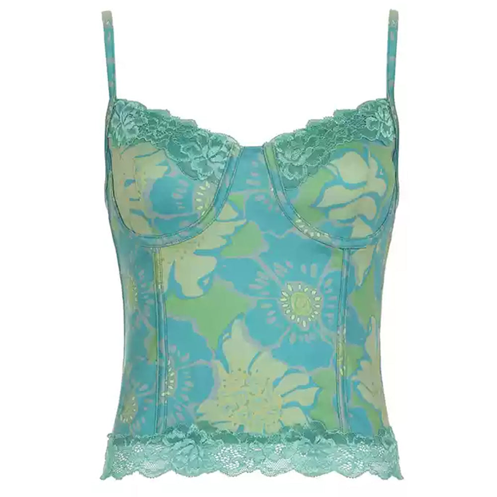 FLORAL LACE BUSTIER TOP Y2K LIVELY FLORAL PATTERNS