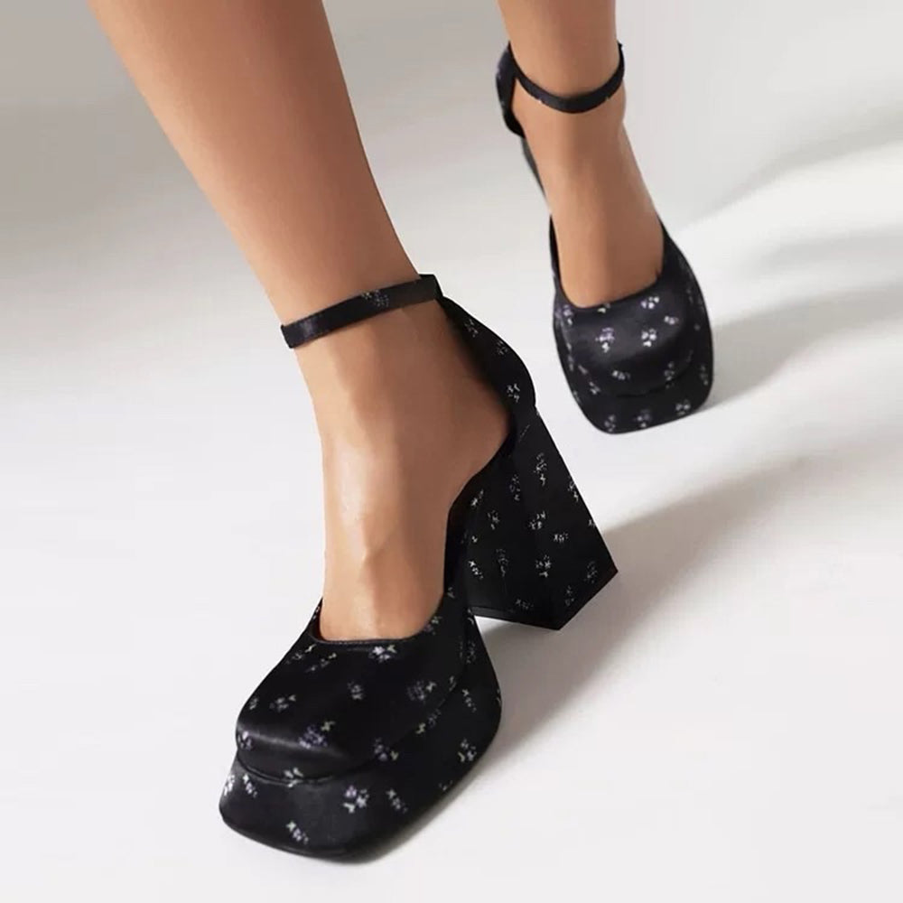 FLORAL MARY JANE PLATFORM HEELS WITH ANKLE STRAPS