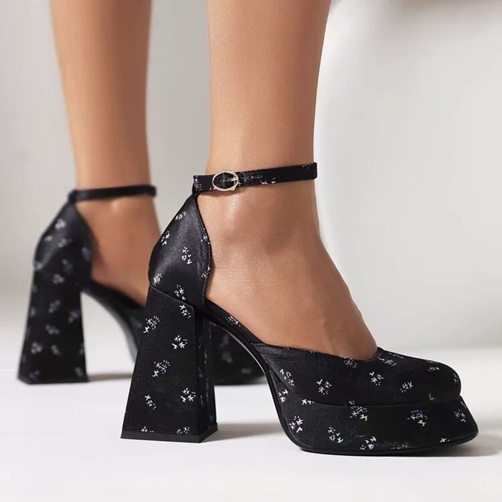FLORAL MARY JANE PLATFORM HEELS WITH ANKLE STRAPS