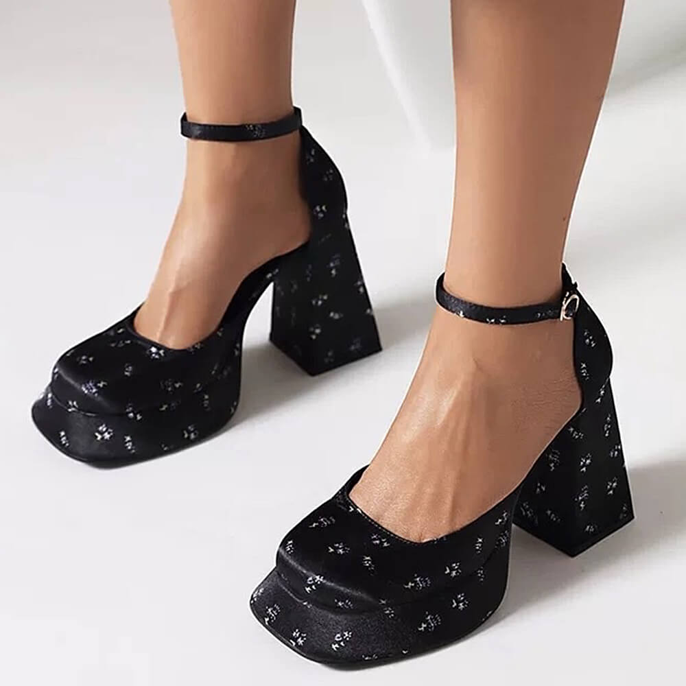 FLORAL MARY JANE PLATFORM HEELS WITH ANKLE STRAPS