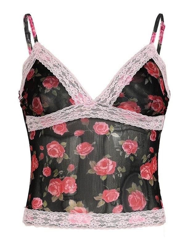 FLORAL MESH CAMISOLE WITH LACE TRIM - FRENCH ROSE PRINT DESIGN