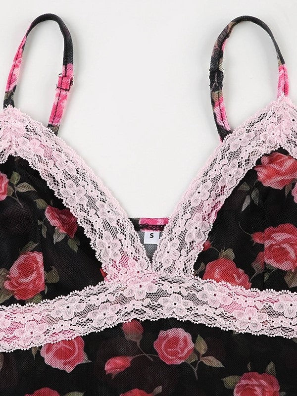 FLORAL MESH CAMISOLE WITH LACE TRIM - FRENCH ROSE PRINT DESIGN