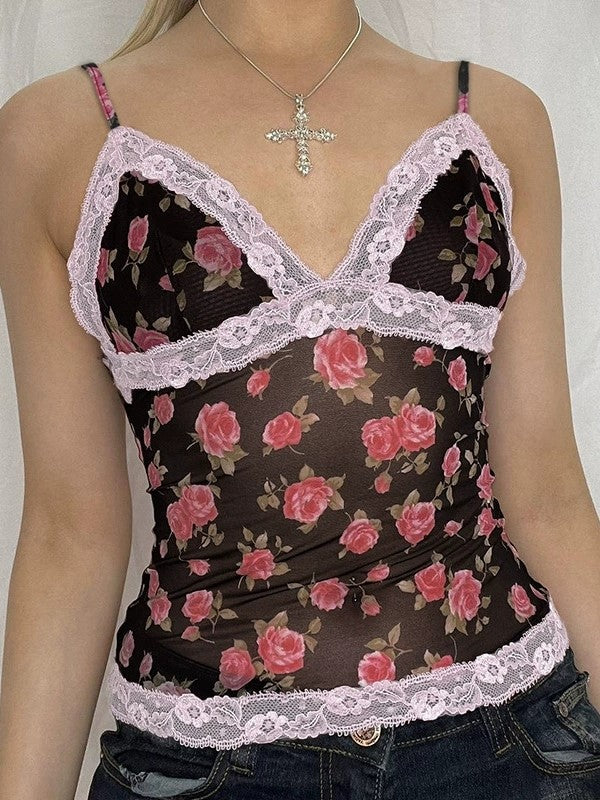 FLORAL MESH CAMISOLE WITH LACE TRIM - FRENCH ROSE PRINT DESIGN