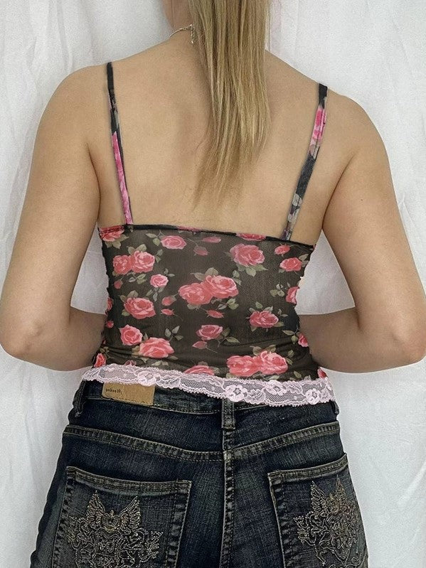 FLORAL MESH CAMISOLE WITH LACE TRIM - FRENCH ROSE PRINT DESIGN