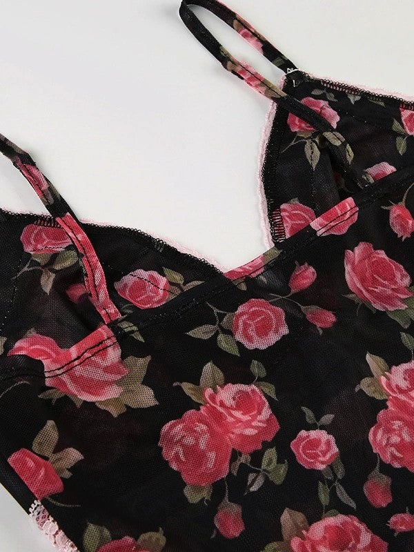 FLORAL MESH CAMISOLE WITH LACE TRIM - FRENCH ROSE PRINT DESIGN