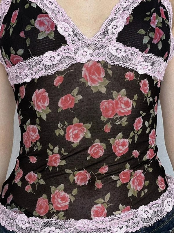 FLORAL MESH CAMISOLE WITH LACE TRIM - FRENCH ROSE PRINT DESIGN