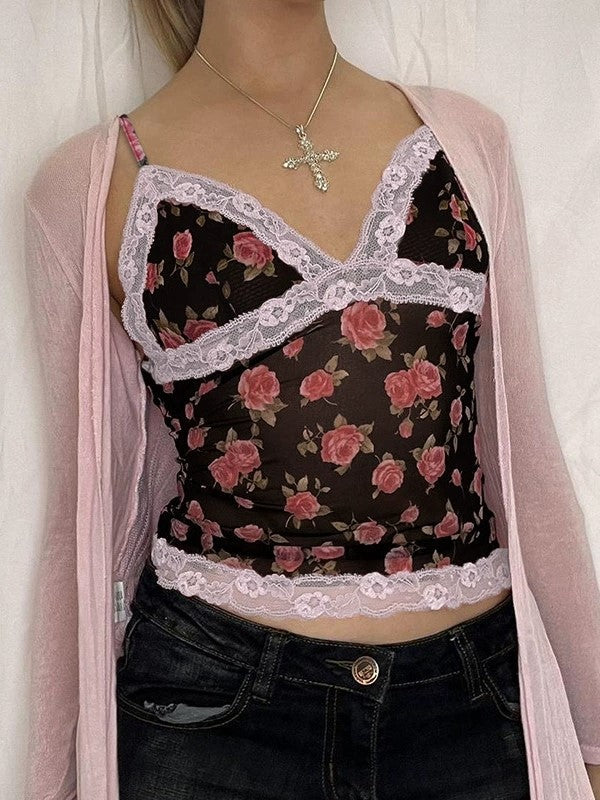 FLORAL MESH CAMISOLE WITH LACE TRIM - FRENCH ROSE PRINT DESIGN
