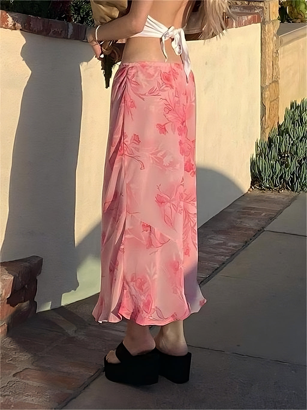 FLORAL MIDI SKIRT IN PINK CHIFFON - ELEGANT FLORAL PRINT DESIGN