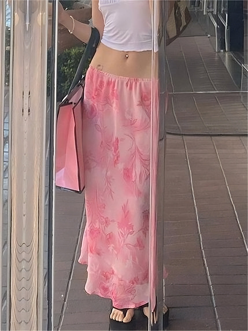 FLORAL MIDI SKIRT IN PINK CHIFFON - ELEGANT FLORAL PRINT DESIGN