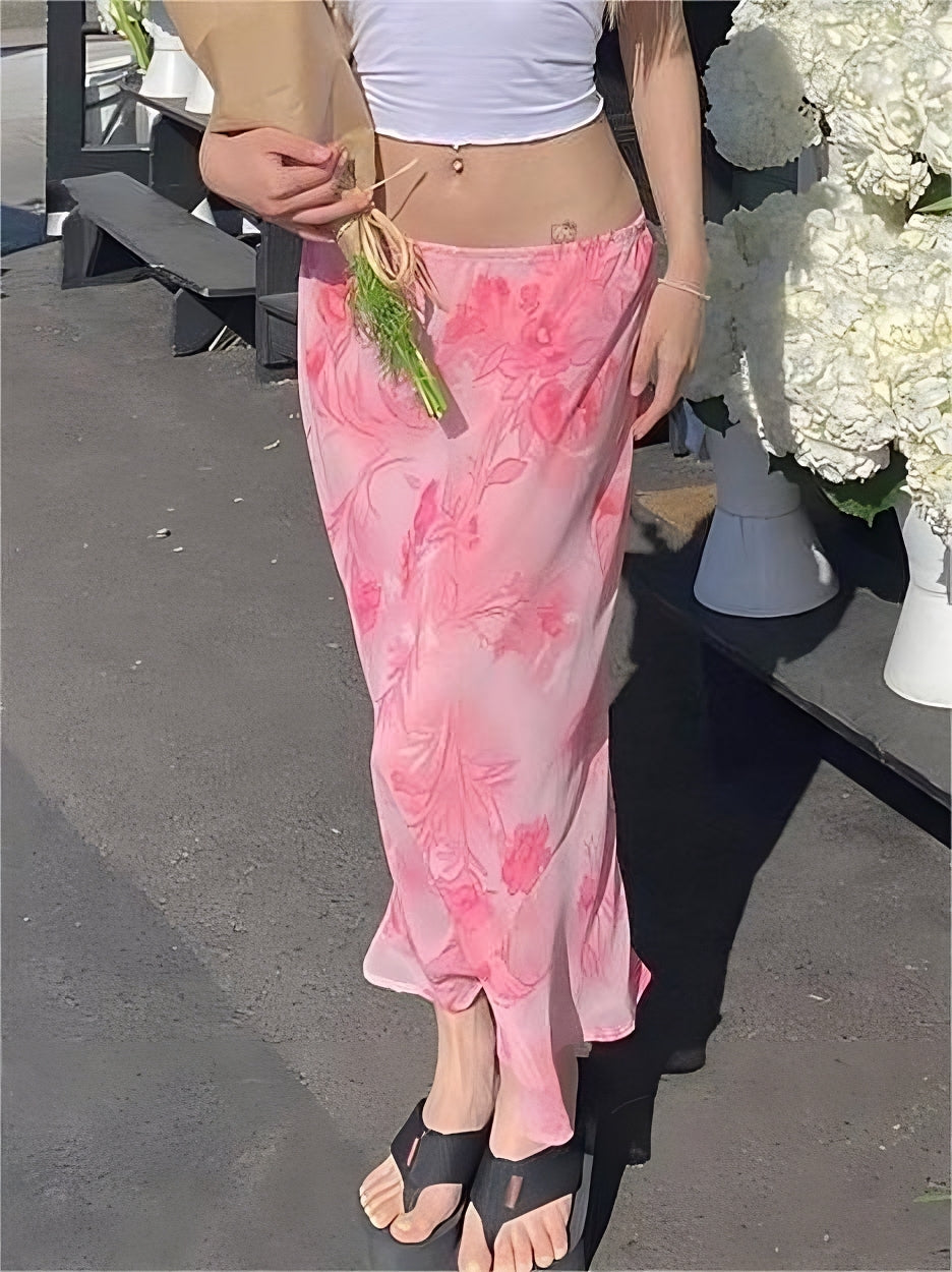 FLORAL MIDI SKIRT IN PINK CHIFFON - ELEGANT FLORAL PRINT DESIGN