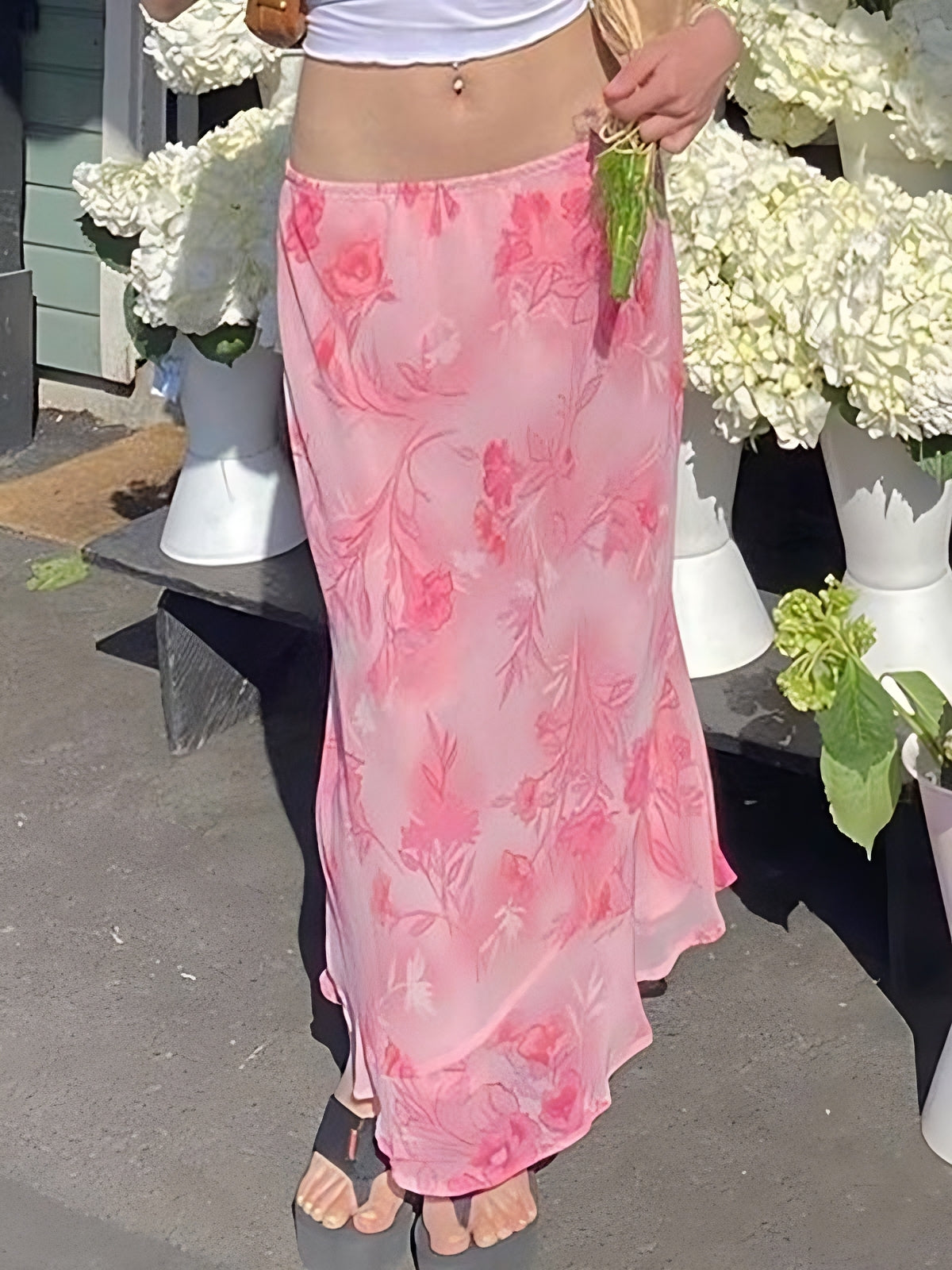 FLORAL MIDI SKIRT IN PINK CHIFFON - ELEGANT FLORAL PRINT DESIGN