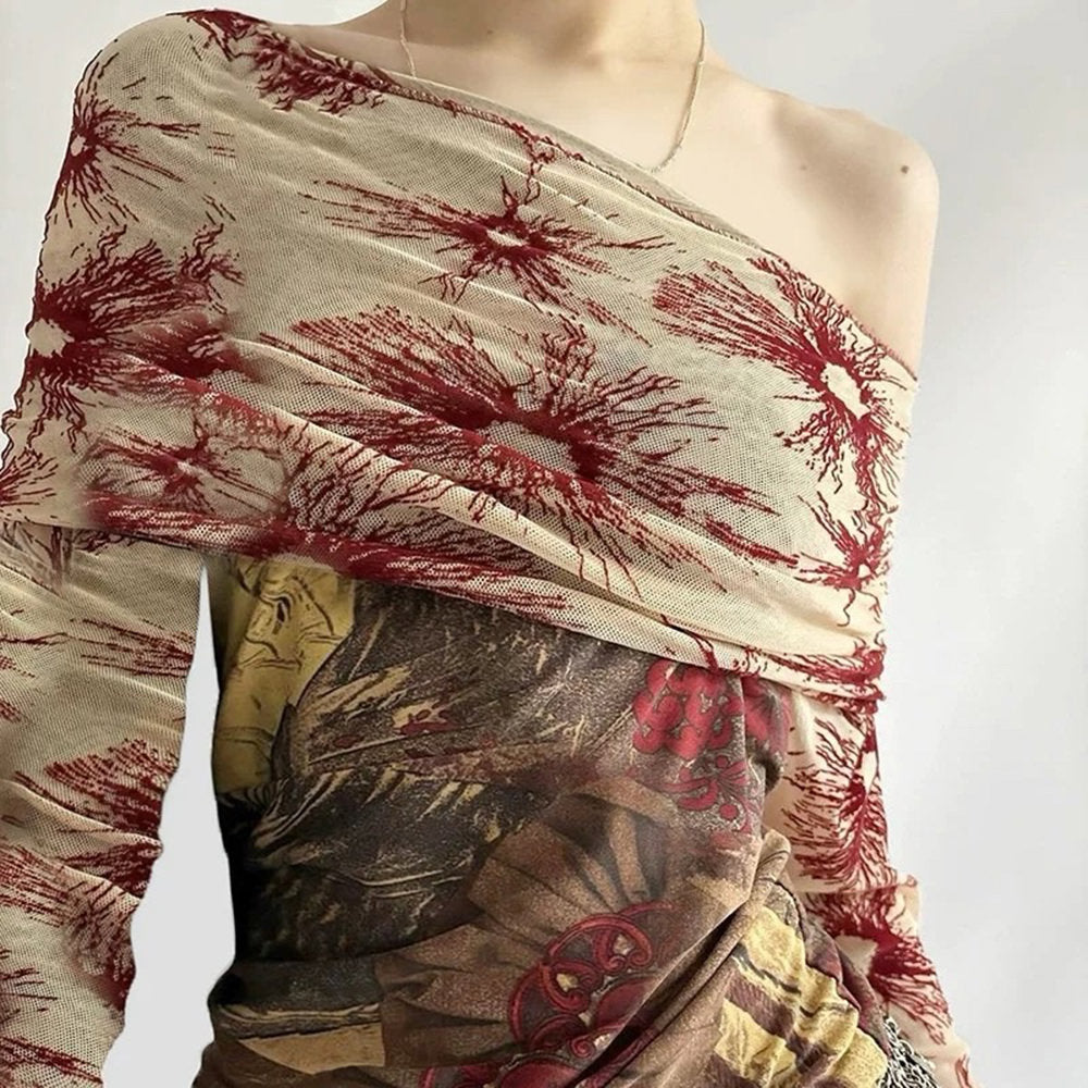FLORAL ONE-SHOULDER LONG-SLEEVE TOP FOR WOMEN