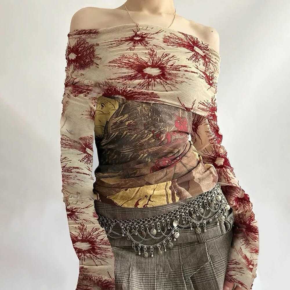FLORAL ONE-SHOULDER LONG-SLEEVE TOP FOR WOMEN