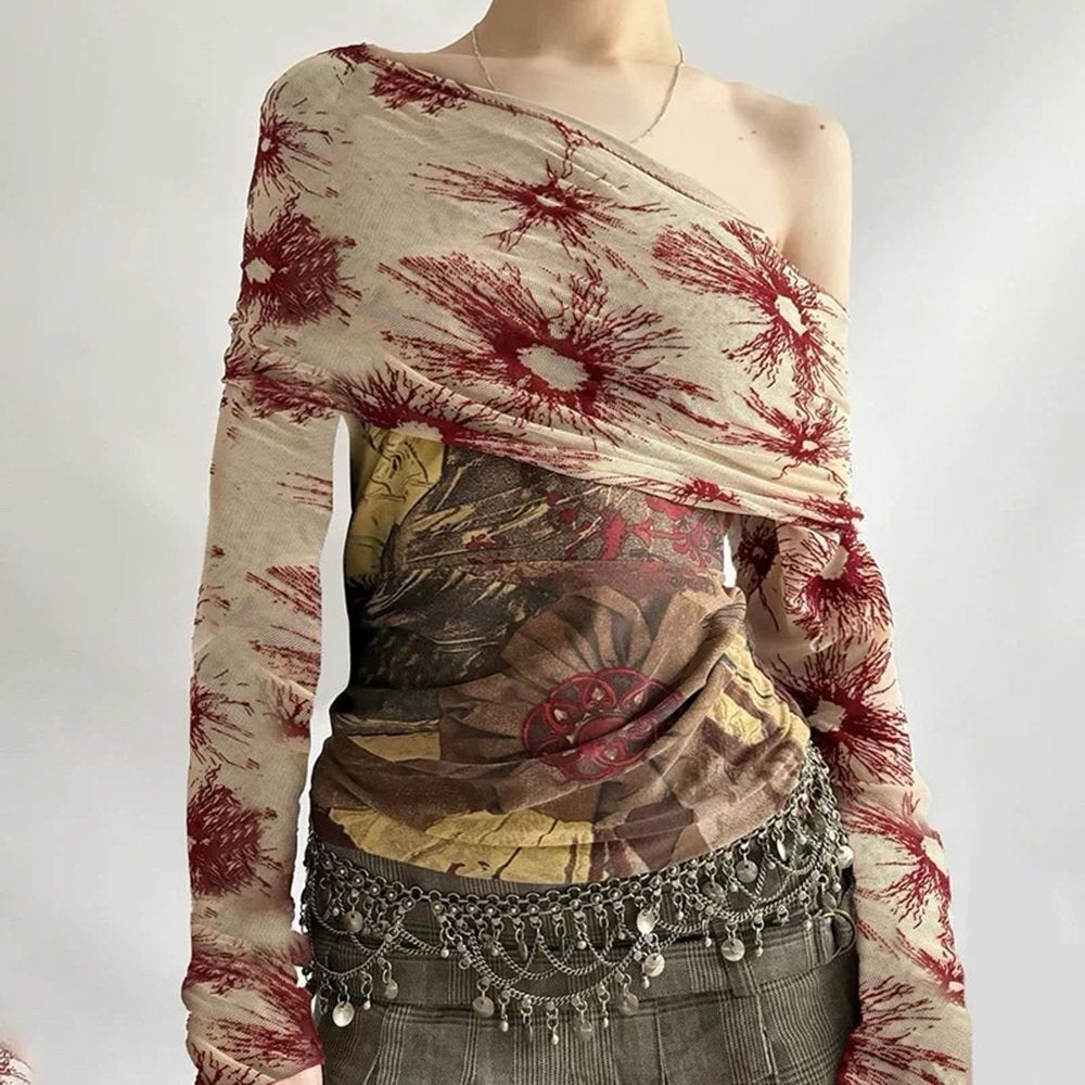 FLORAL ONE-SHOULDER LONG-SLEEVE TOP FOR WOMEN