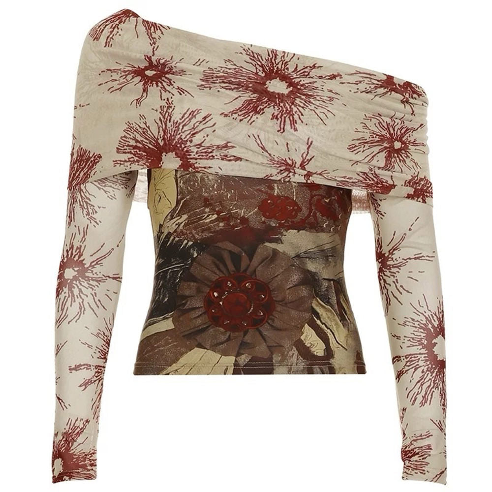 FLORAL ONE-SHOULDER LONG-SLEEVE TOP FOR WOMEN