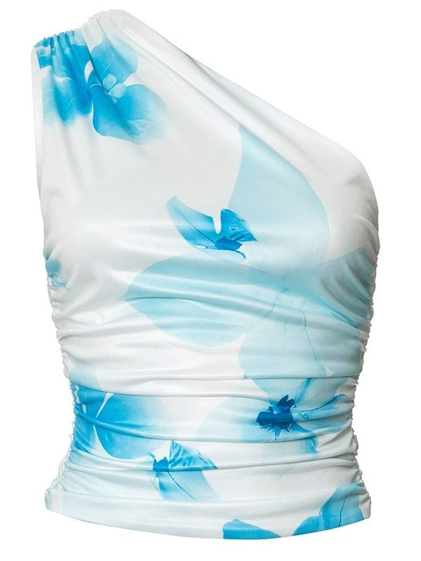 FLORAL ONE-SHOULDER TOP WITH VINTAGE PRINT AND SLIM FIT DESIGN