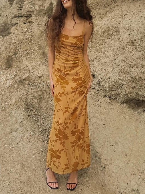 FLORAL PRINT BACKLESS MAXI DRESS WITH YELLOW FRENCH FLORAL DESIGN