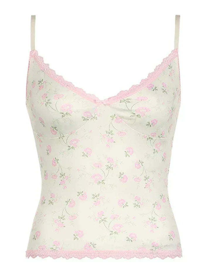 FLORAL PRINT CAMISOLE WITH PINK LACE TRIM - VINTAGE LACE EDGE DESIGN