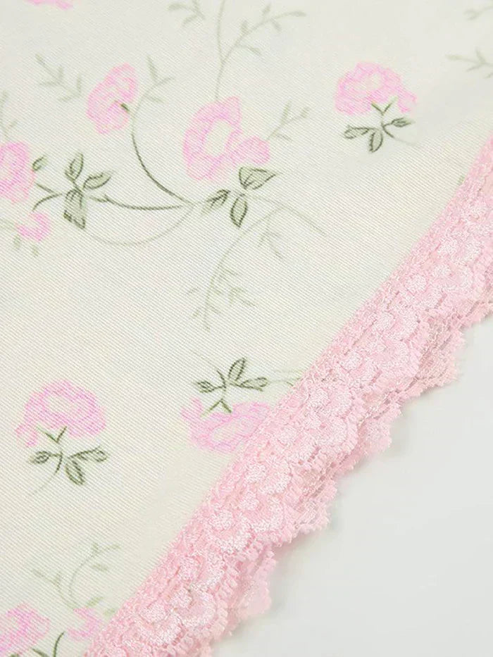 FLORAL PRINT CAMISOLE WITH PINK LACE TRIM - VINTAGE LACE EDGE DESIGN