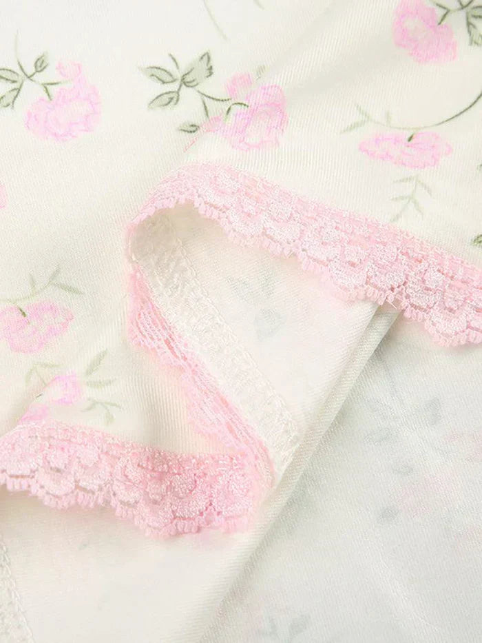 FLORAL PRINT CAMISOLE WITH PINK LACE TRIM - VINTAGE LACE EDGE DESIGN