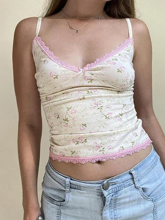 FLORAL PRINT CAMISOLE WITH PINK LACE TRIM - VINTAGE LACE EDGE DESIGN