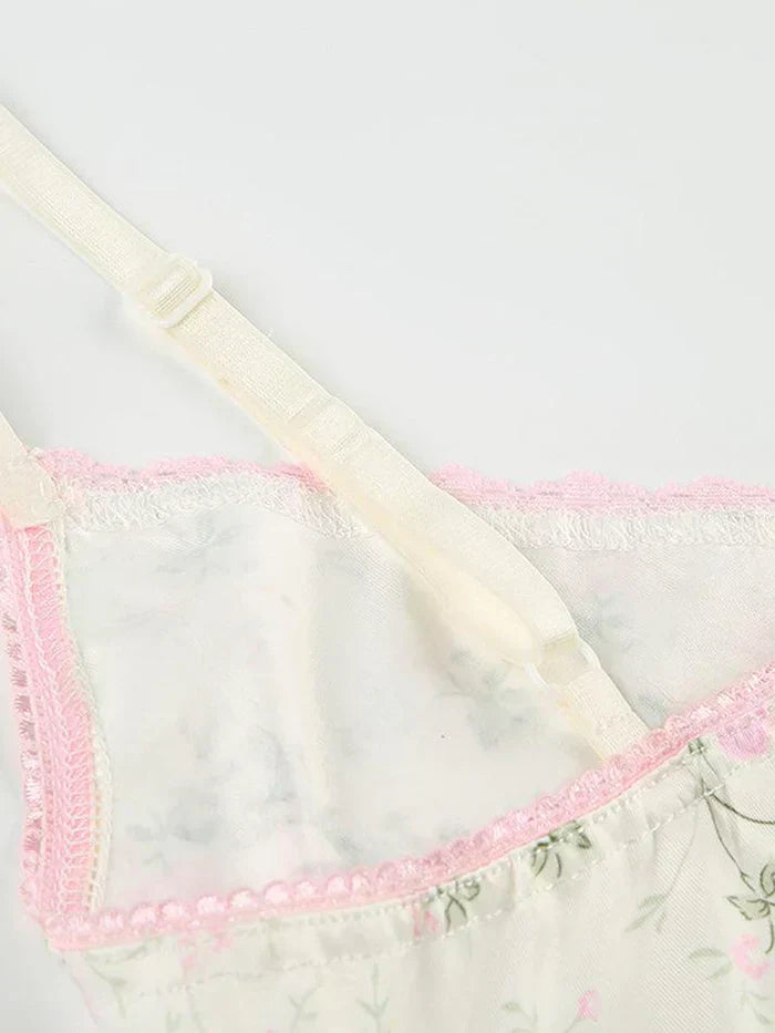 FLORAL PRINT CAMISOLE WITH PINK LACE TRIM - VINTAGE LACE EDGE DESIGN