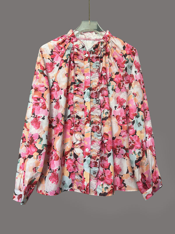 Floral print crew neck long-sleeved shirt top