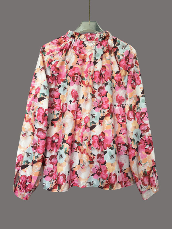 Floral print crew neck long-sleeved shirt top