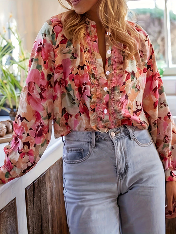 Floral print crew neck long-sleeved shirt top - Pink purple / S