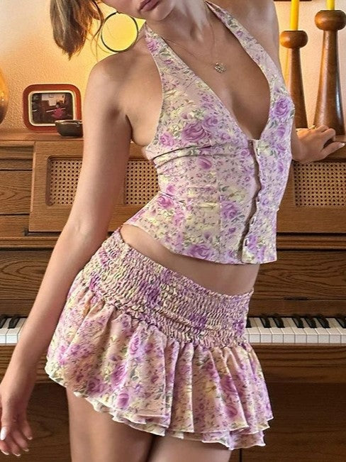 FLORAL PRINT HALTER TOP AND SKIRT SET WITH FLORAL DESIGN