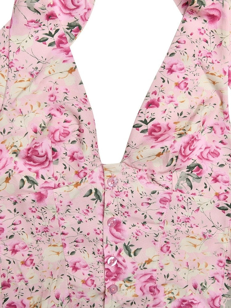 FLORAL PRINT HALTER TOP AND SKIRT SET WITH FLORAL DESIGN