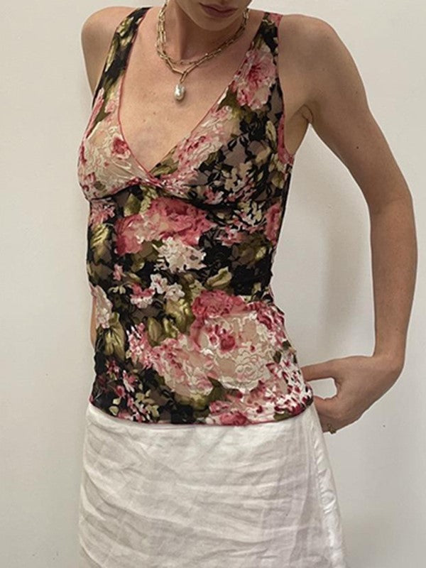 FLORAL PRINT HALTER TOP WITH VINTAGE FLORAL DESIGN