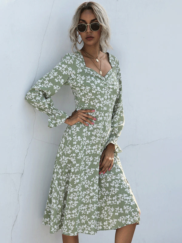 Floral Print Long Sleeve Casual Midi Dress - Green / S