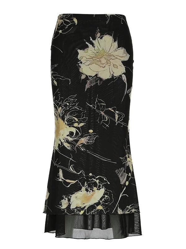 FLORAL PRINT MAXI SKIRT WITH LOW WAIST IN VINTAGE STYLES