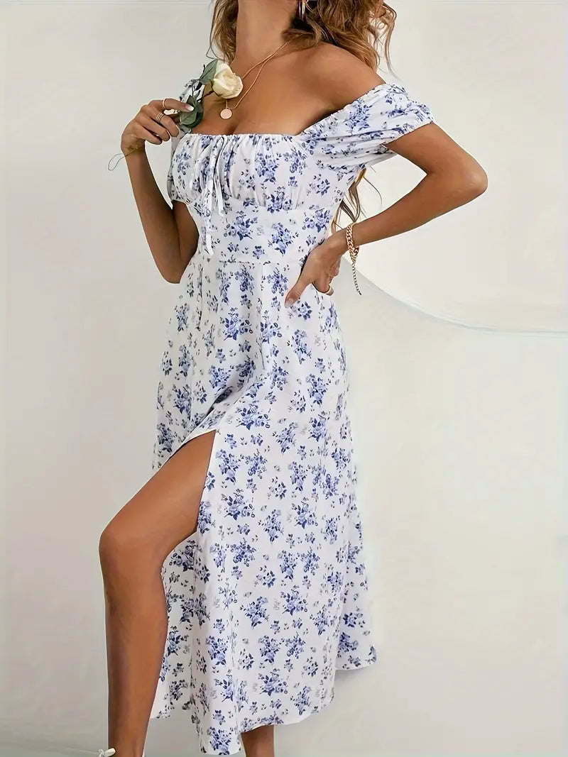 FLORAL PRINT MIDI DRESS WITH PUFF SLEEVES - VINTAGE STYLE