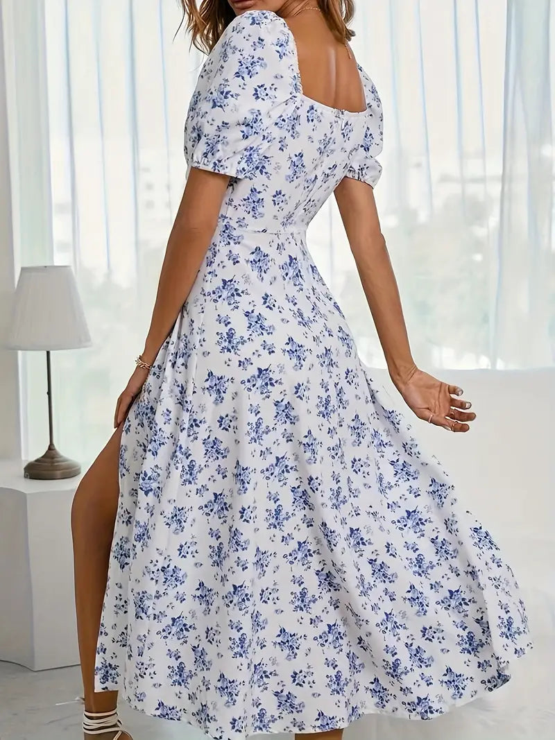 FLORAL PRINT MIDI DRESS WITH PUFF SLEEVES - VINTAGE STYLE