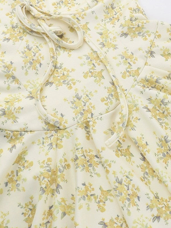 FLORAL PRINT MINI DRESS WITH PUFF SLEEVES AND DEEP V-NECK
