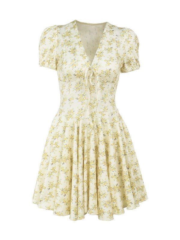 FLORAL PRINT MINI DRESS WITH PUFF SLEEVES AND DEEP V-NECK