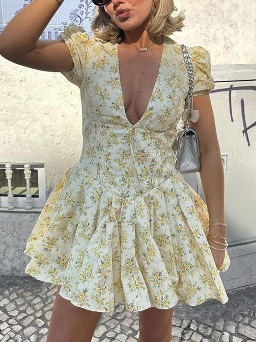 FLORAL PRINT MINI DRESS WITH PUFF SLEEVES AND DEEP V-NECK
